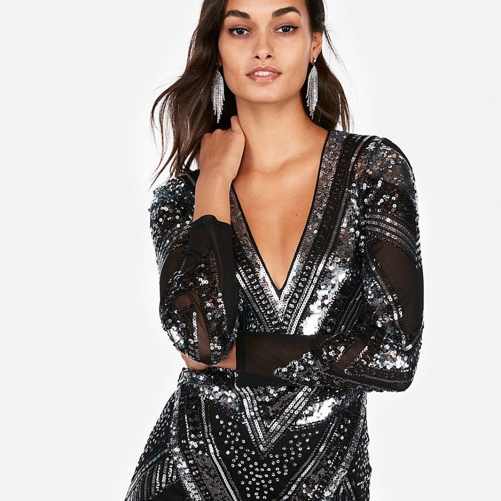Black And Silver Patterned Sequin Mini Dress - image 3